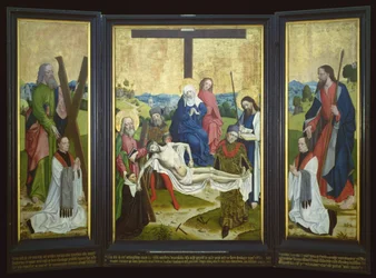 Altarbild mit einer Pietà und Stiftern im Mittelteil; St. Andreas und St. Johannes auf den Seitenflügeln, ca. 1480-90